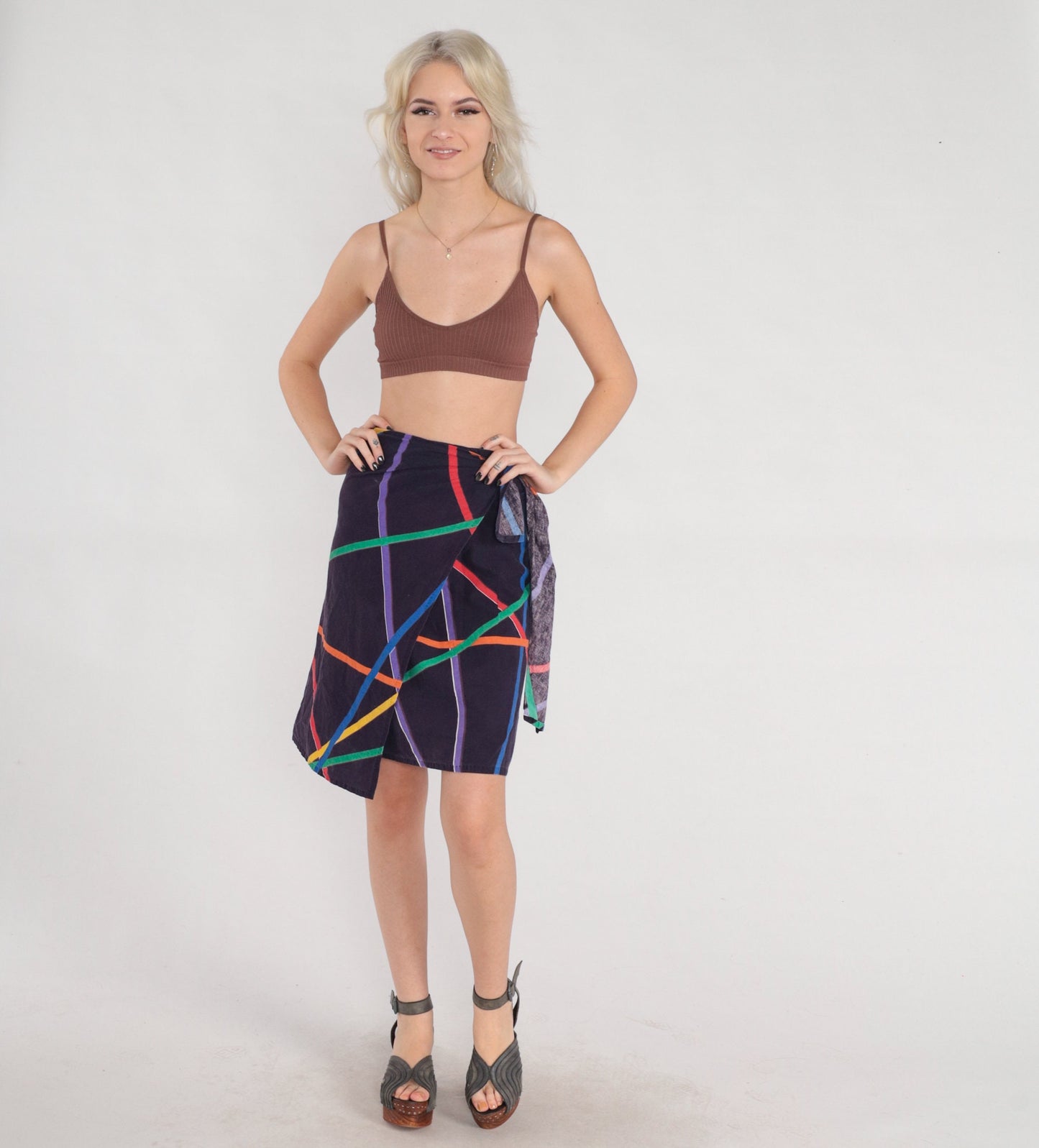 80s Navy Striped Abstract Mini Wrap Skirt Multicolor Small S
