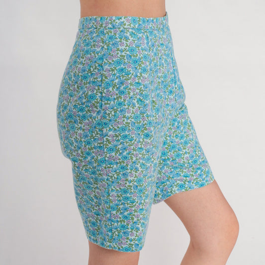 70s Blue Floral High-Waisted Shorts Cotton Flower Print Small S