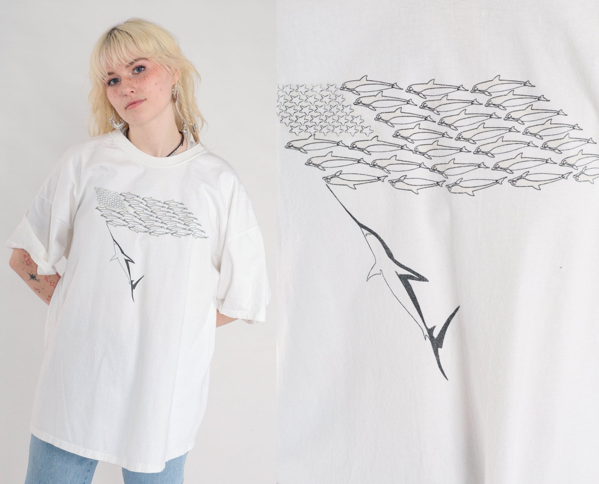 90s Fish Flag Graphic T-Shirt White Cotton Hanes XXL