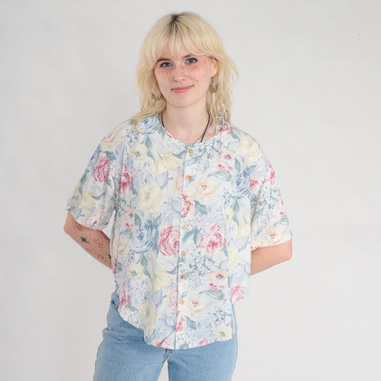90s Rose Floral Rayon Blouse White Button-Up Short Sleeve Medium