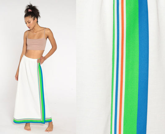 70s White Striped Maxi Skirt High Waist Long Vintage Medium Large