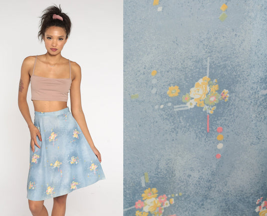 70s Blue Floral Wrap Skirt High Waist Mini Adjustable Belt Small Medium