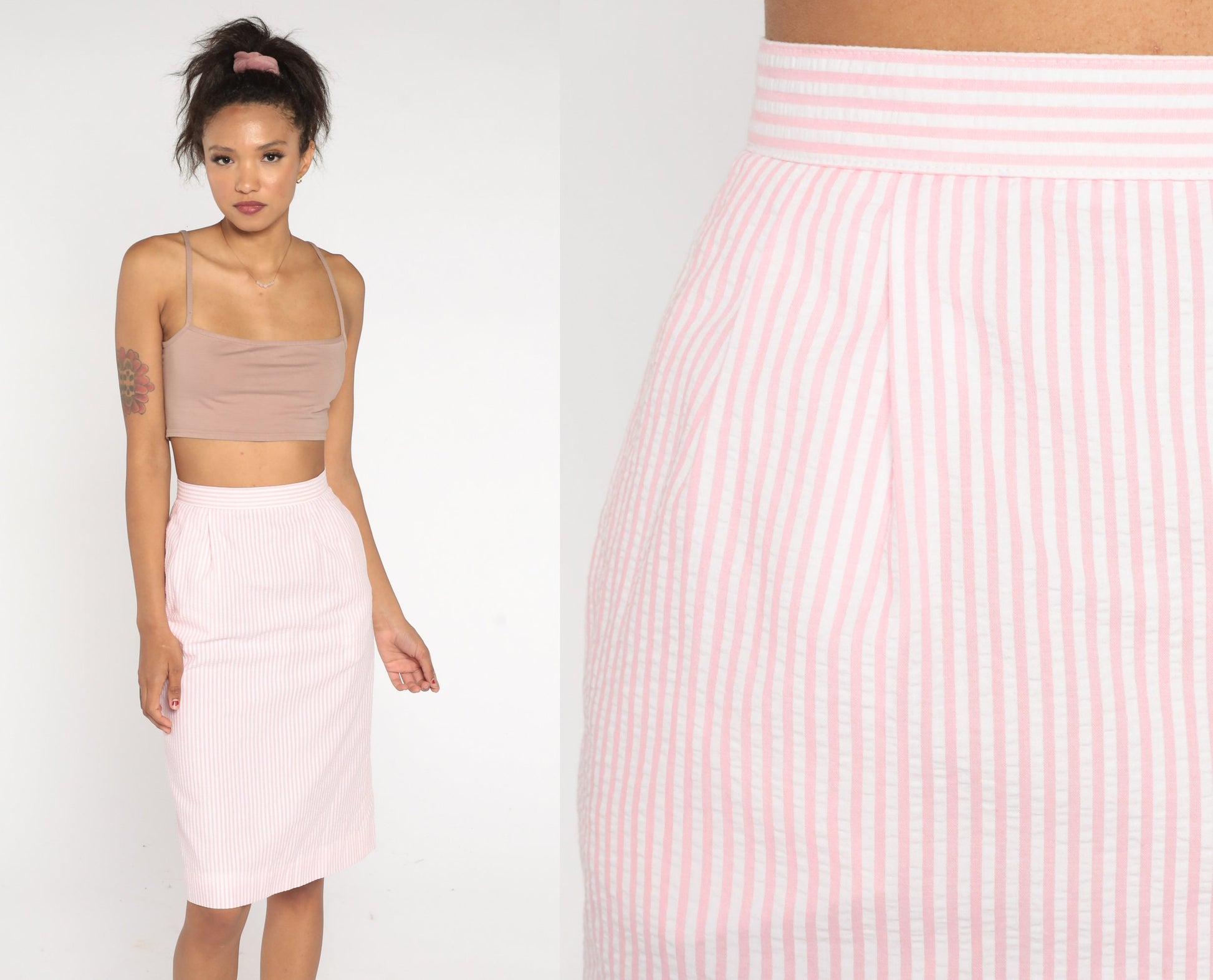 80s Seersucker Striped Midi Skirt Pink White High Waist Pencil Extra Small