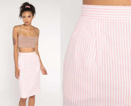 80s Seersucker Striped Midi Skirt Pink White High Waist Pencil Extra Small
