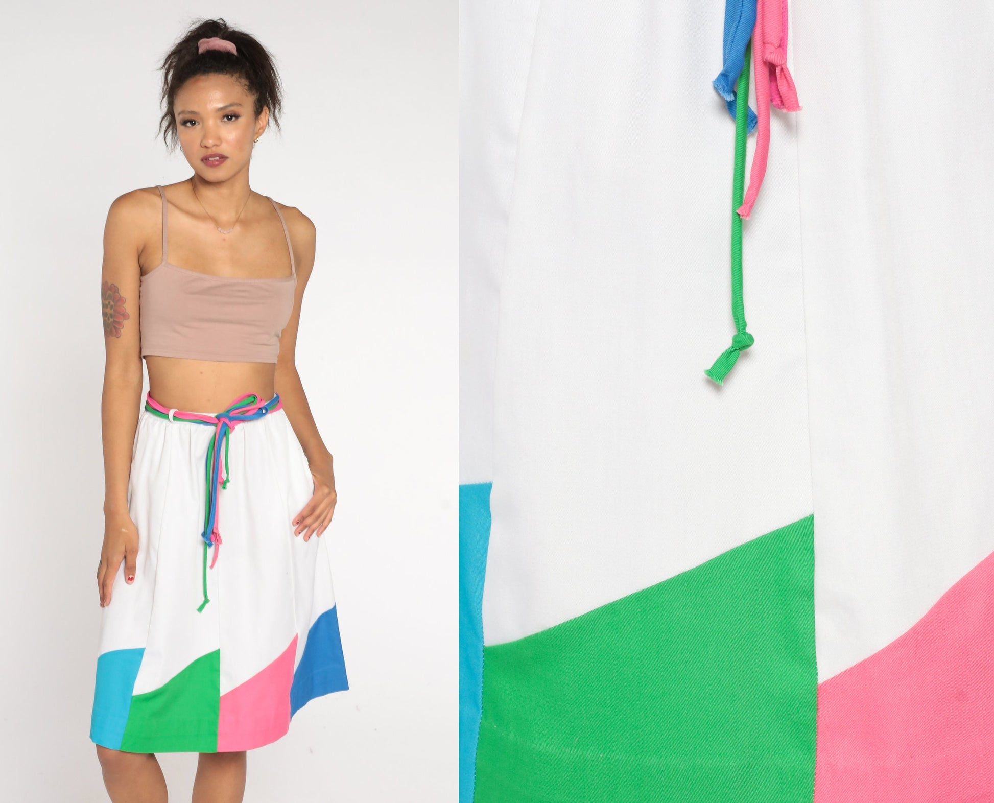 80s Color Block A-Line Skirt White Pink Blue High Waist Belted Pockets Extra Small
