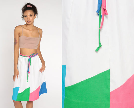 80s Color Block A-Line Skirt White Pink Blue High Waist Belted Pockets Extra Small