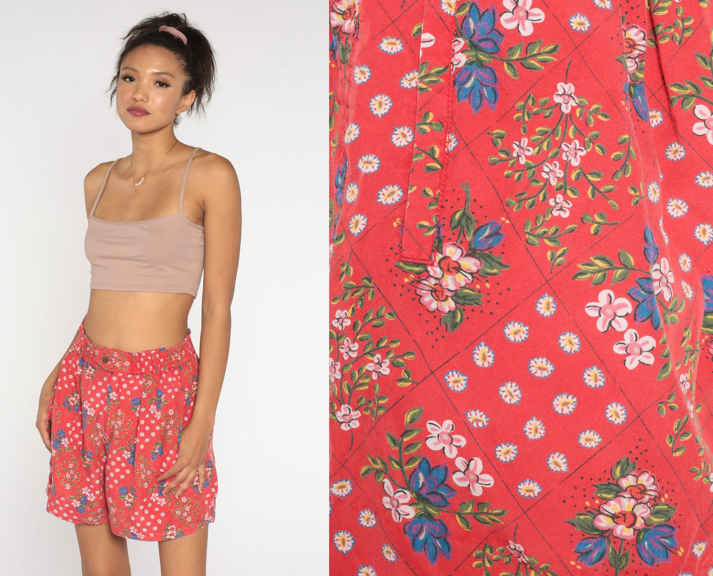 90s Liz Claiborne Floral Patchwork Shorts Red High Waist Pleated Medium
