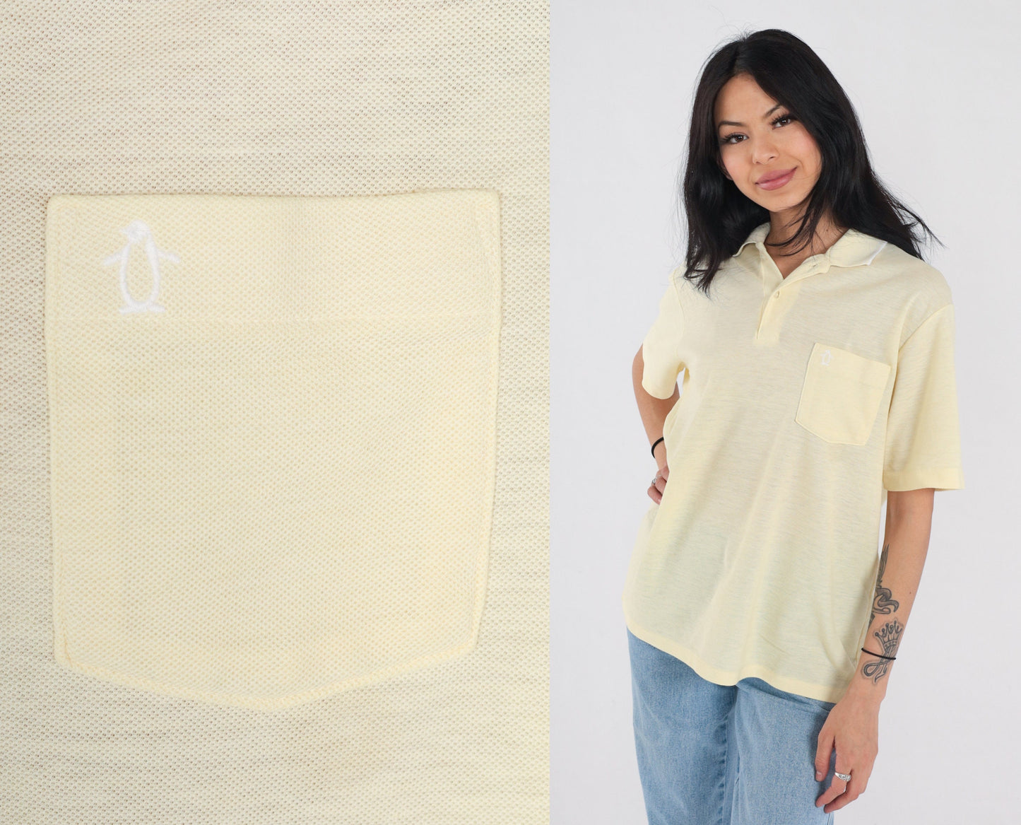 90s Munsingwear Polo Shirt Yellow Penguin Logo Collared Tee Medium M