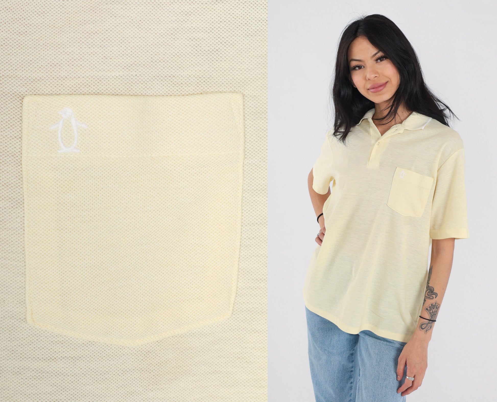 90s Munsingwear Polo Shirt Yellow Penguin Logo Collared Tee Medium M