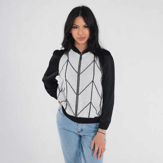St John Couture Y2K Zip Cardigan Black White Chevron Sequin Silk Blend Small S