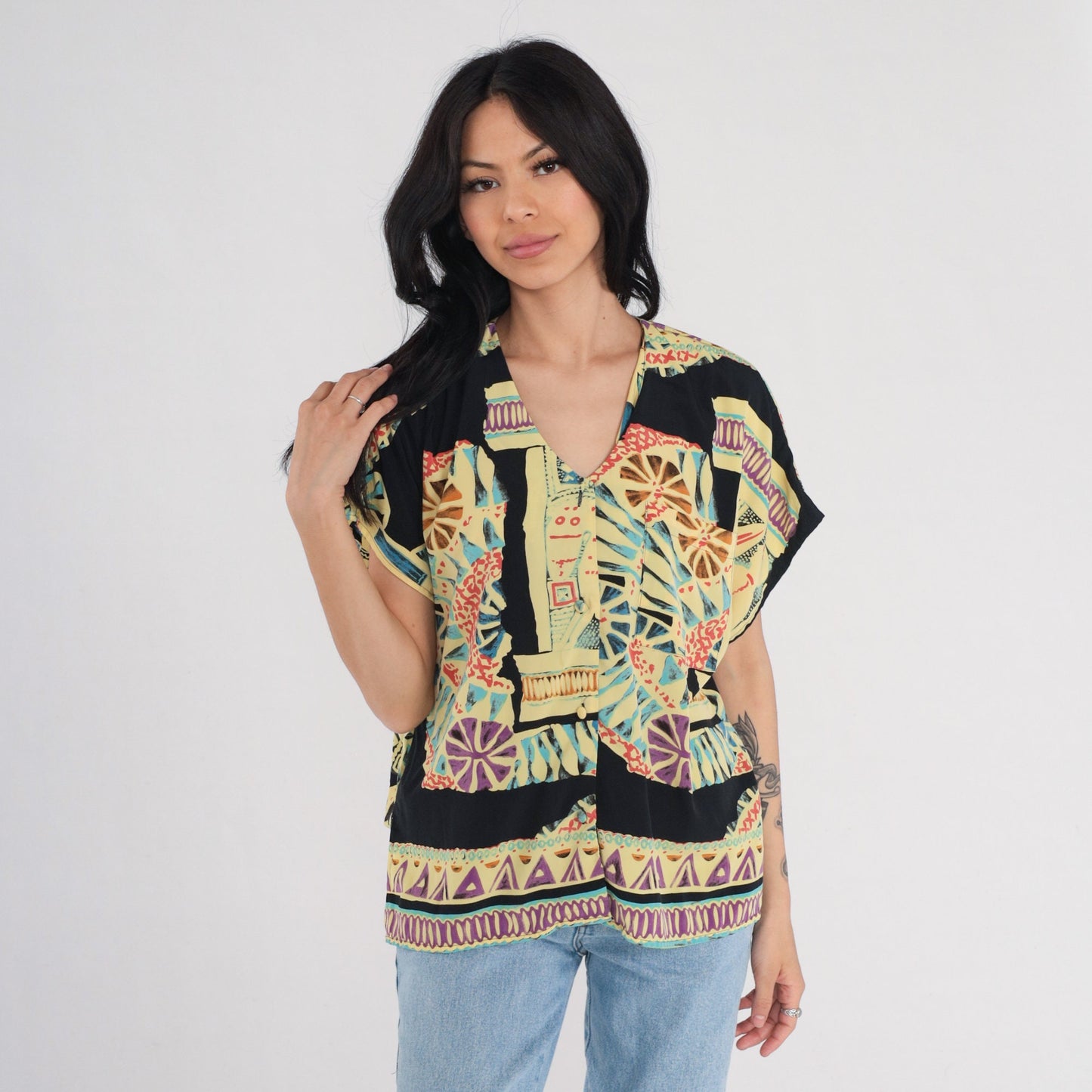 90s Abstract Print Button-Up Blouse Multicolor Short Sleeve Medium M