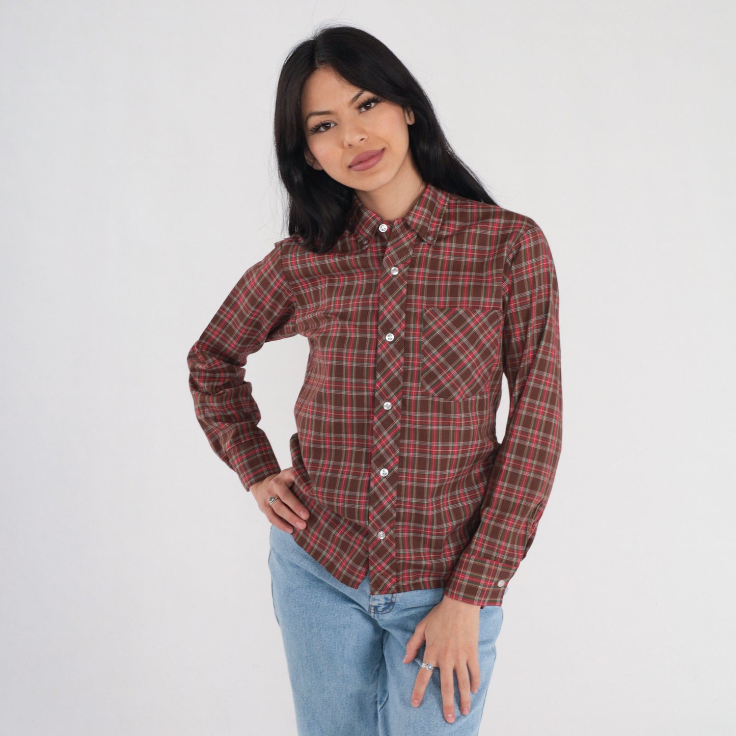 80s Clan Tartans Brown Plaid Button-Up Shirt Long Sleeve Extra Small