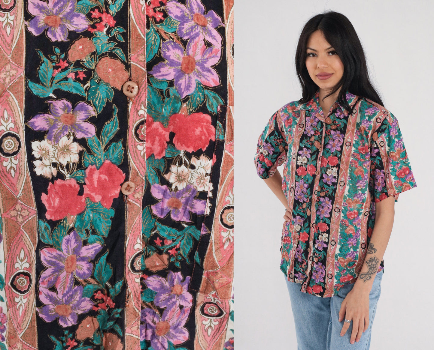 90s Striped Floral Fruit Print Cotton Button-Up Blouse Short Sleeve Small
