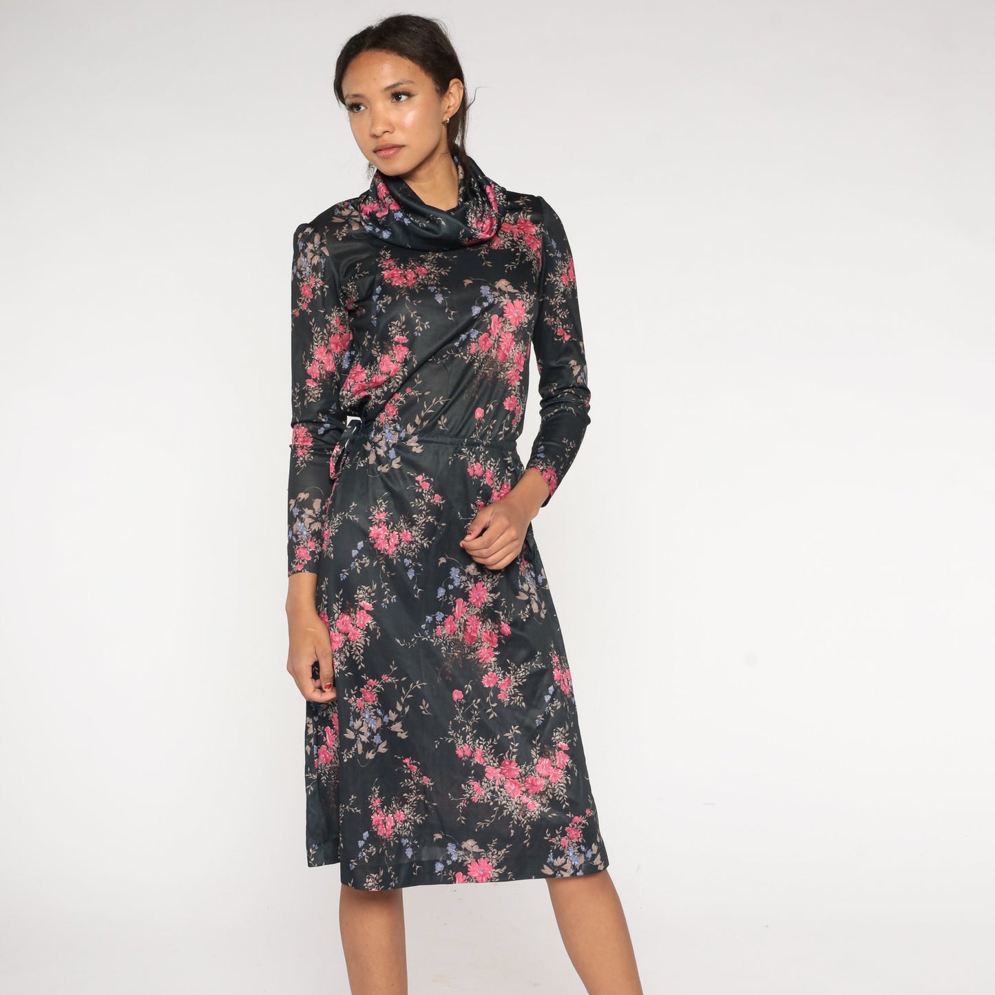 70s Black Floral Midi Dress Cowl Neck High Waist Long Sleeve Small Medium