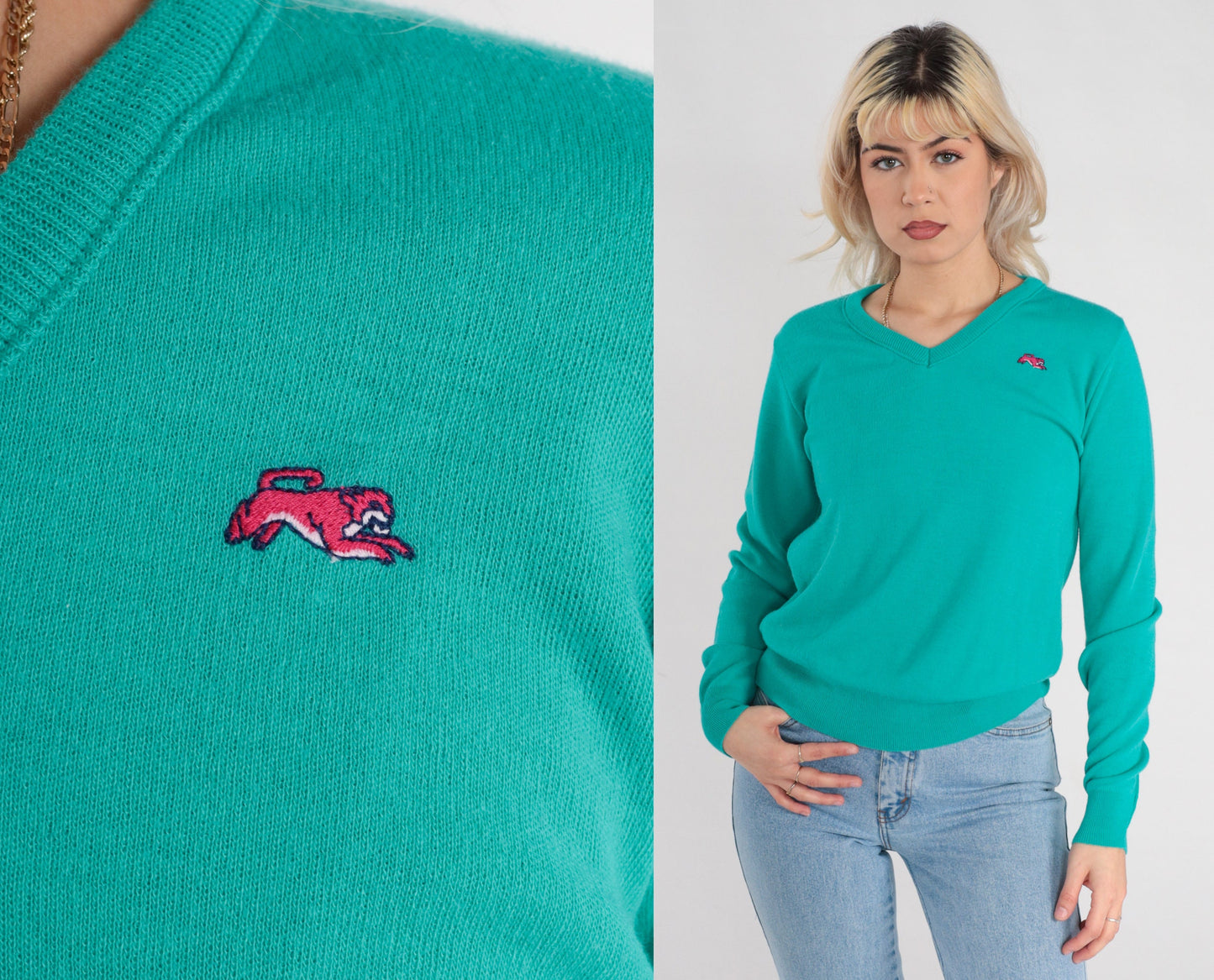 80s Garan Cat Logo V-Neck Knit Sweater Green Medium
