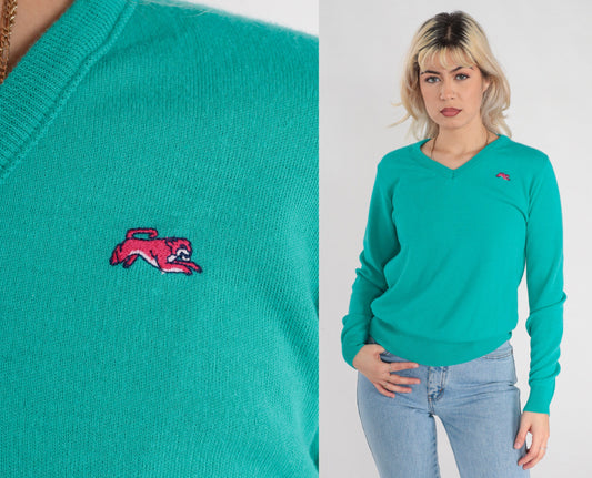 80s Garan Cat Logo V-Neck Knit Sweater Green Medium