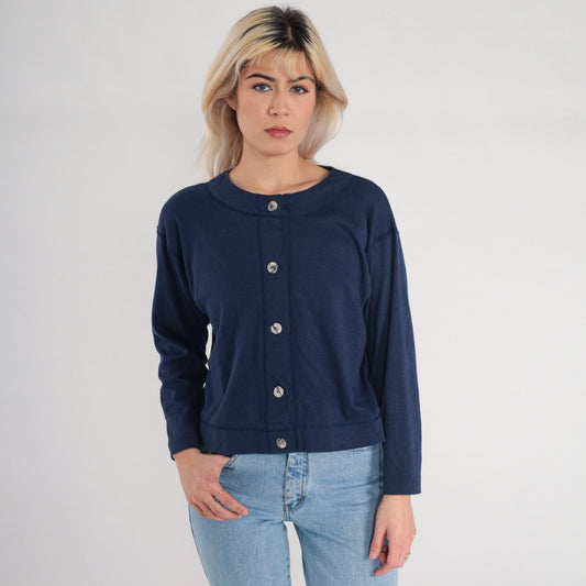 90s Navy Blue Button-Up Shirt Long Sleeve Cotton Blend Small S