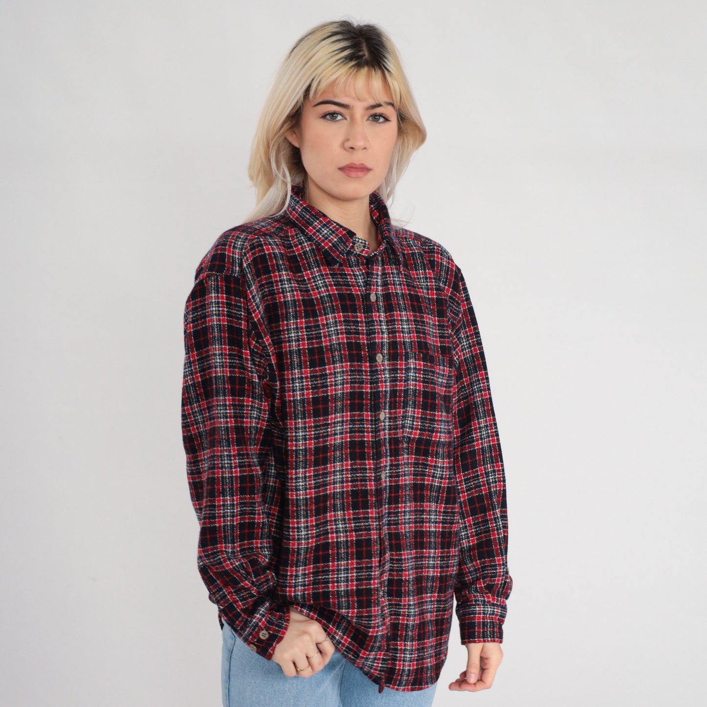90s Red Plaid Flannel Button-Up Shirt Cotton Long Sleeve Large L