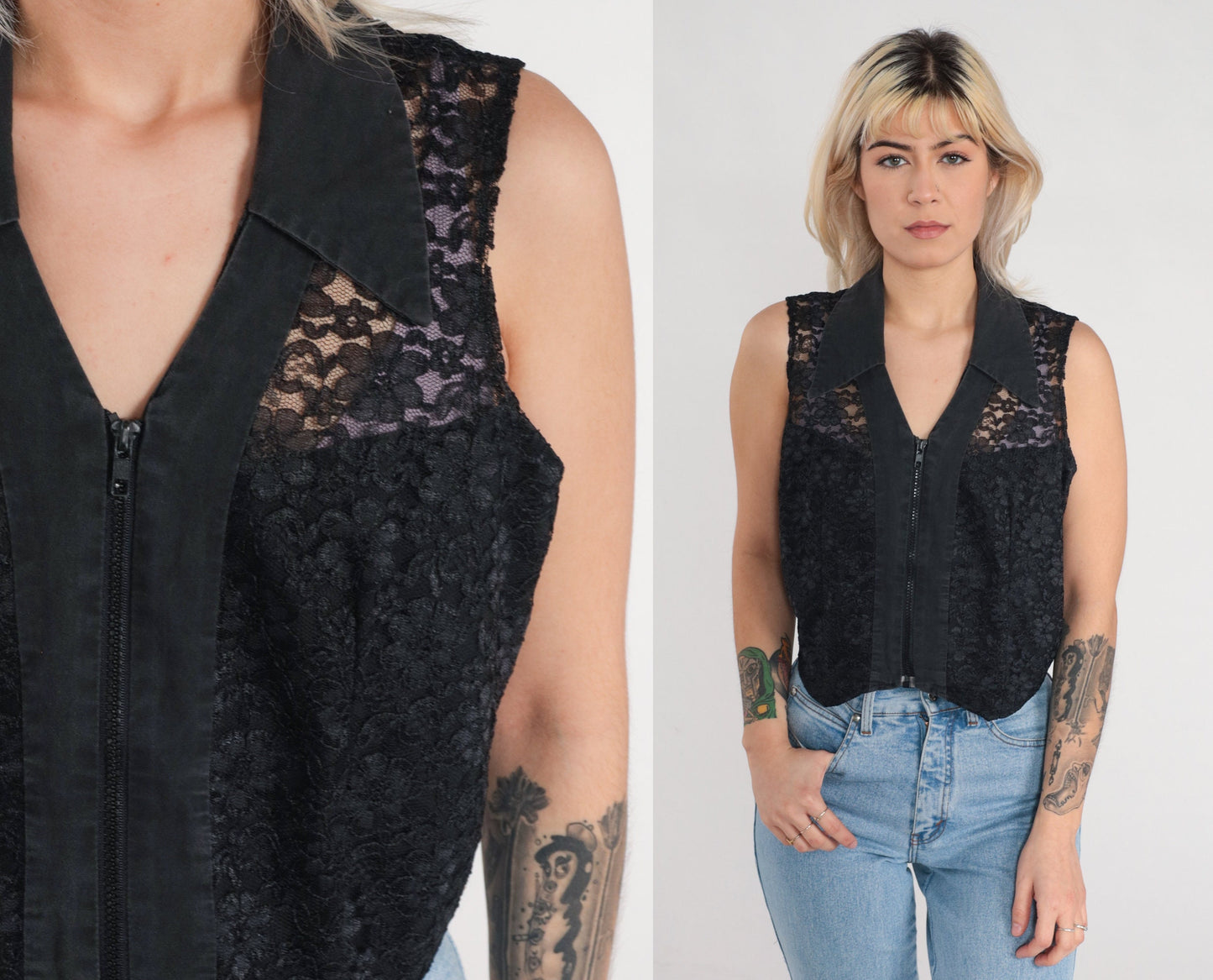 90s Black Lace Floral Vest Sheer Zip-Up Sleeveless Top Medium