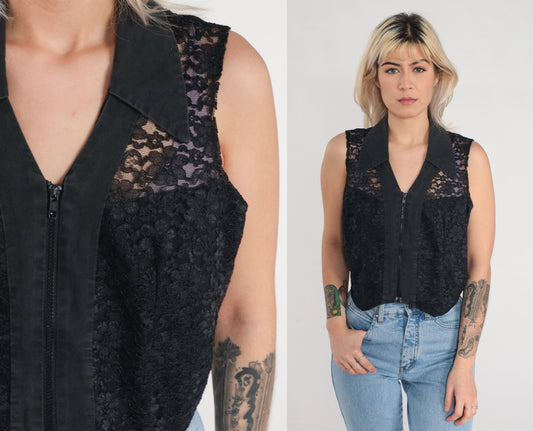 90s Black Lace Floral Vest Sheer Zip-Up Sleeveless Top Medium