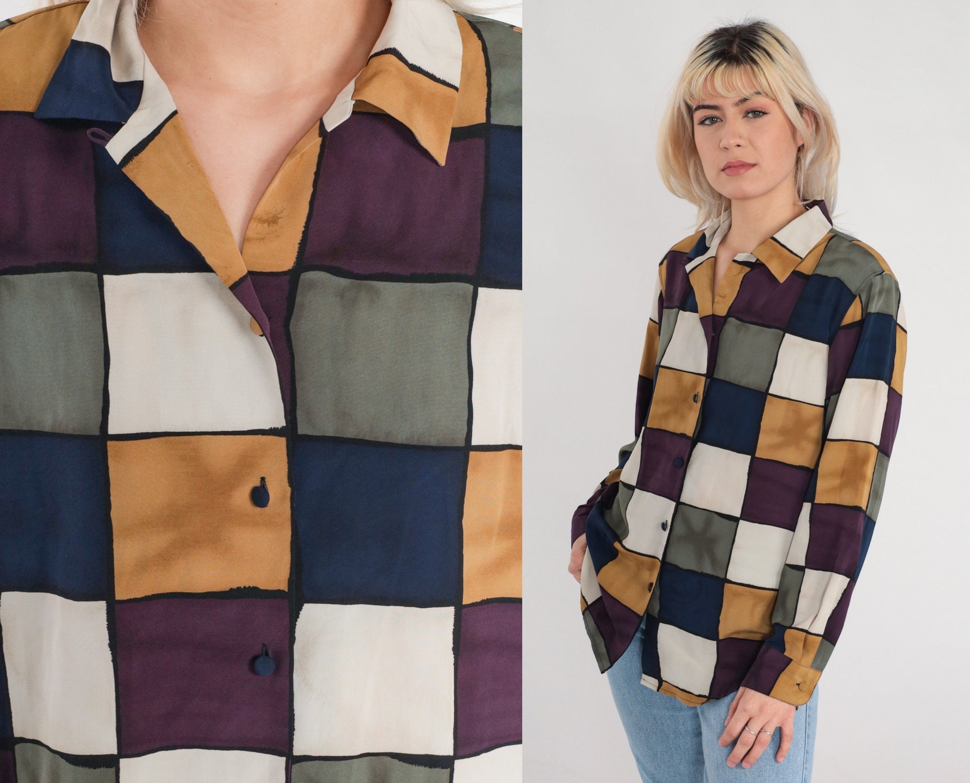 90s Checkered Button Up Blouse Multicolor Checkerboard Print Long Sleeve Medium