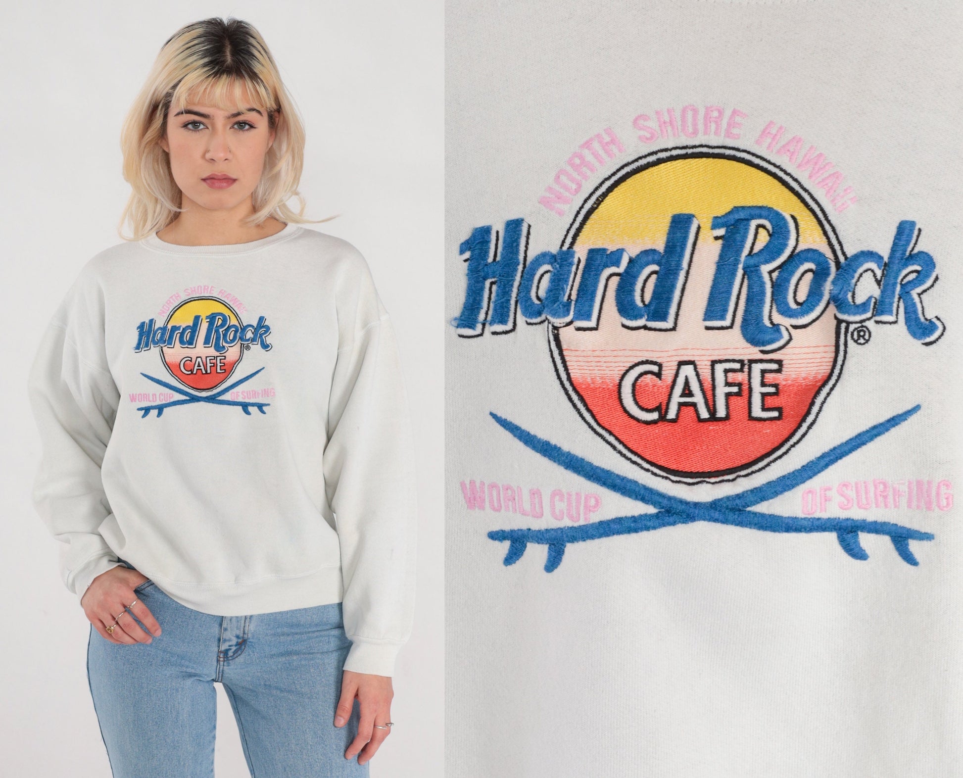 90s Hard Rock Cafe World Cup of Surfing Sweatshirt White Graphic Large L