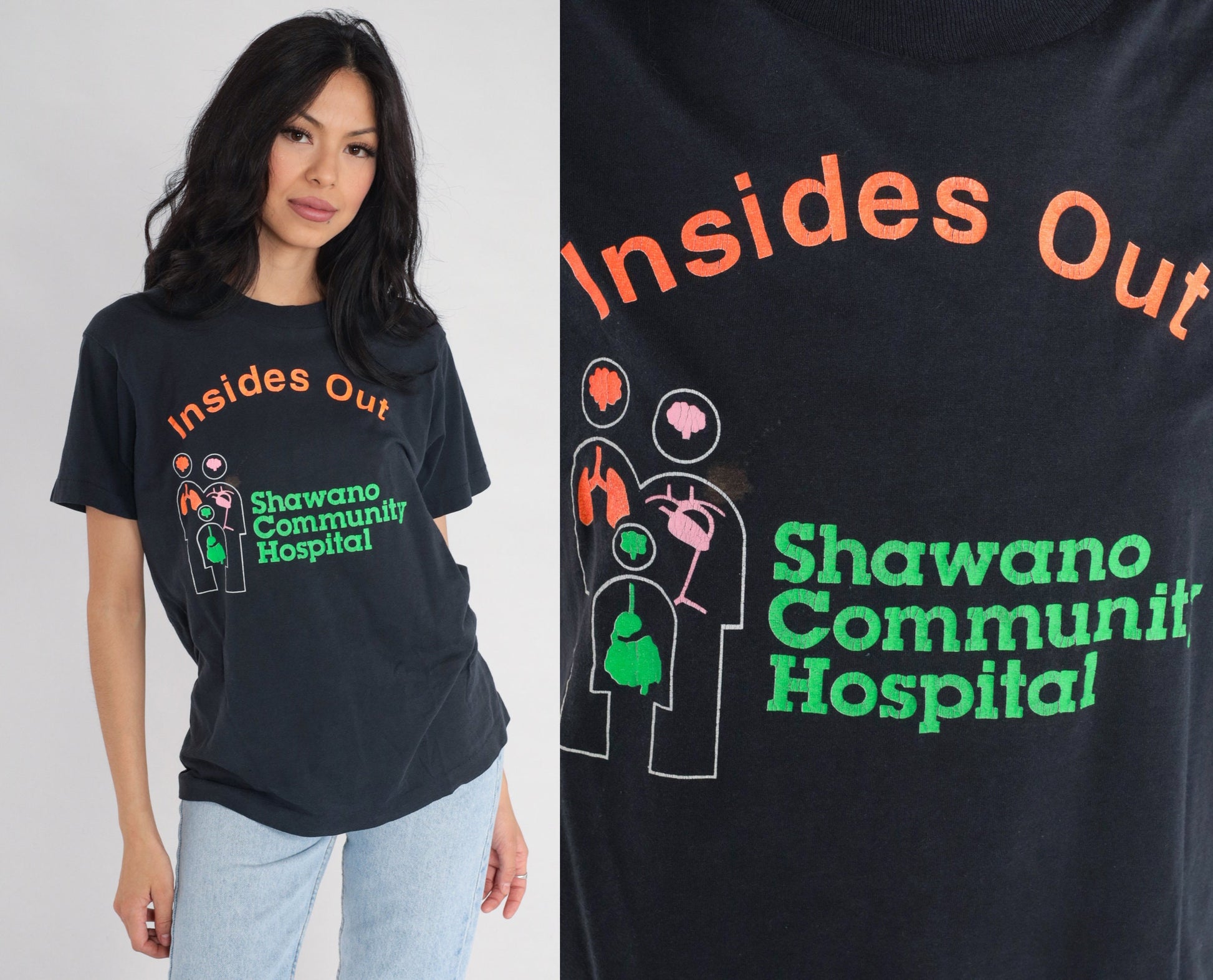80s Shawano Community Hospital Screen Stars Graphic T-Shirt Black Small