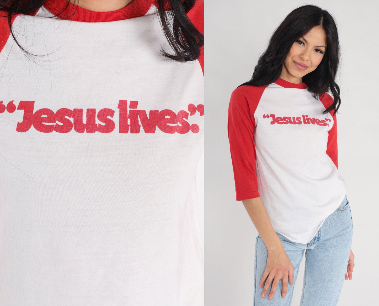 80s Jesus Lives Ringer Tee Raglan Sleeve White Red Graphic Small