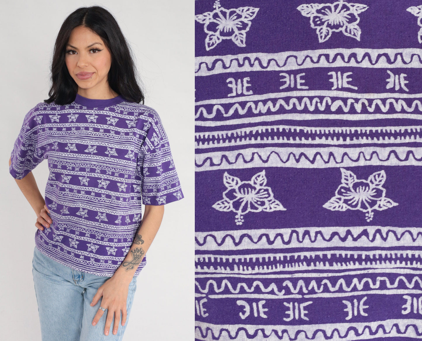 90s Pro Spirit Purple Striped Floral T-Shirt Geometric Print Petite Large
