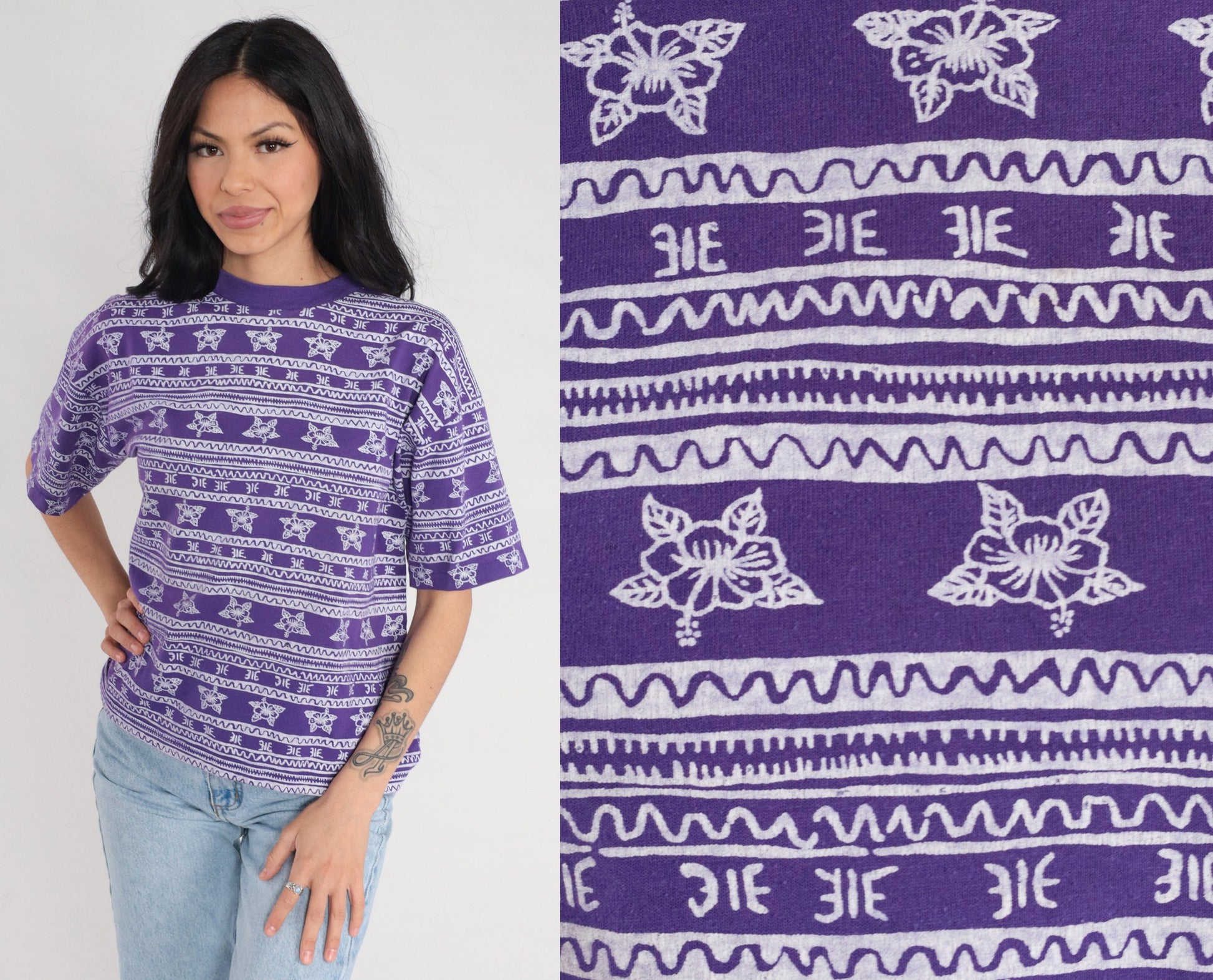 90s Pro Spirit Purple Striped Floral T-Shirt Geometric Print Petite Large