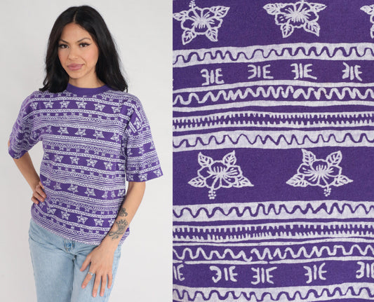 90s Pro Spirit Purple Striped Floral T-Shirt Geometric Print Petite Large