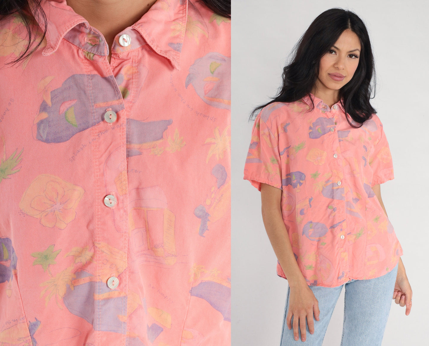 Y2K Fresh Produce Tropical Floral Pink Button-Up Shirt Short Sleeve Large L