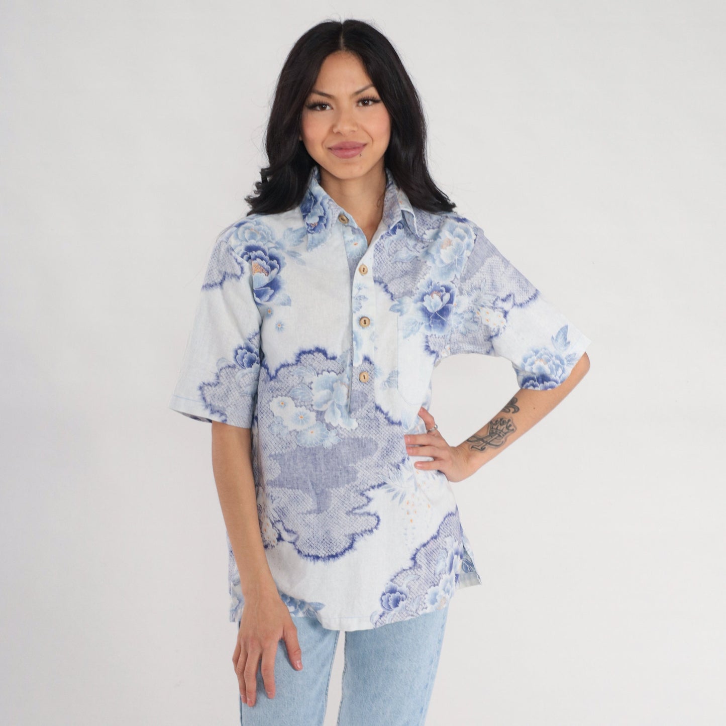 70s Surfline Hawaii Floral Shirt Men's Blue Lotus Print Polo Medium