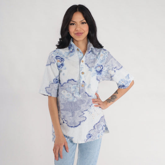 70s Surfline Hawaii Floral Shirt Men's Blue Lotus Print Polo Medium