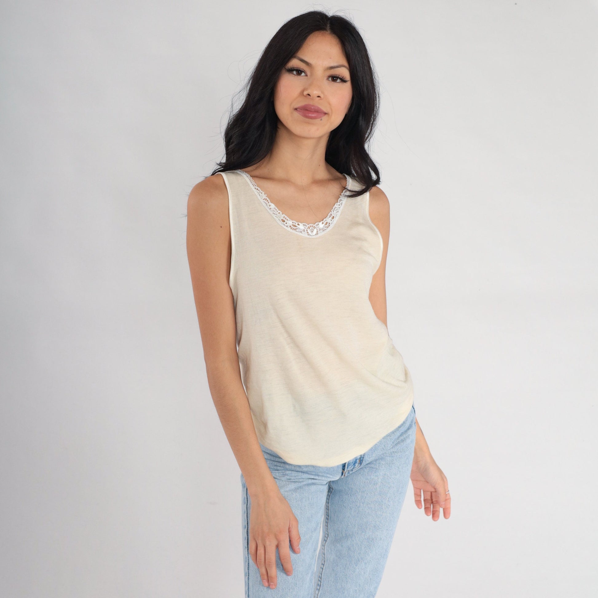 00s Ghiro Wool Silk Cami Tank Cream Lace Trim Large