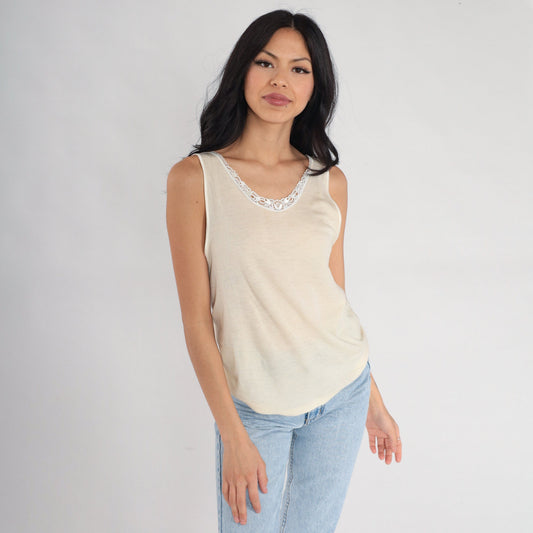 00s Ghiro Wool Silk Cami Tank Cream Lace Trim Large