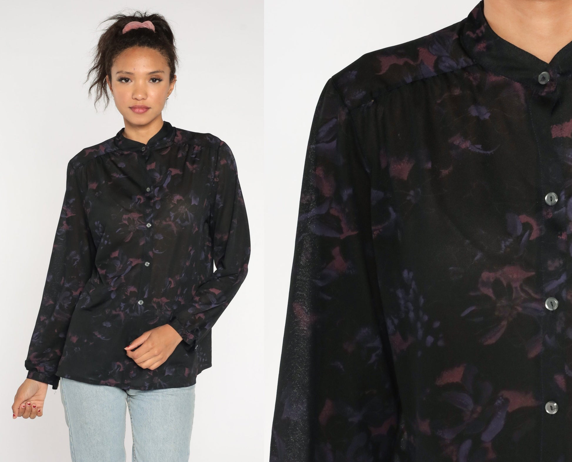 70s Black Floral Button-Up Blouse Long Sleeve Semi-Sheer Shirt Large