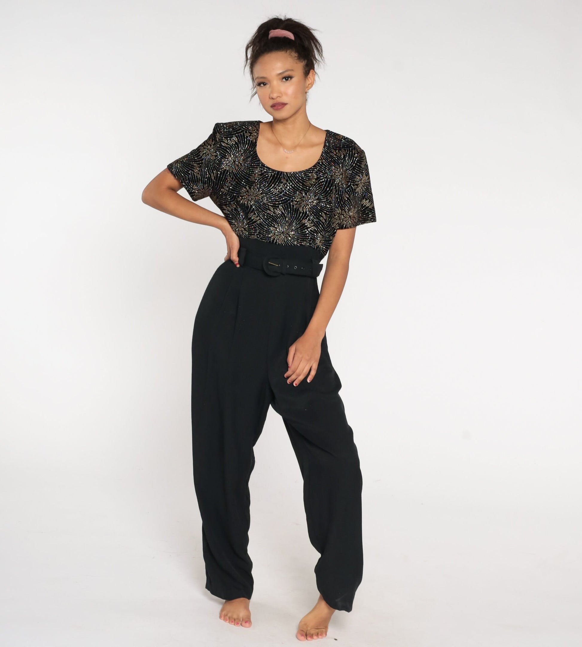 90s Black Velvet Glitter Jumpsuit High Waist Straight Leg Large