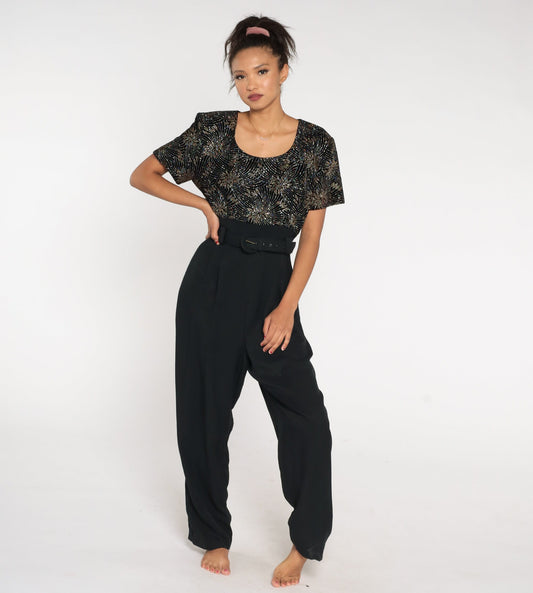 90s Black Velvet Glitter Jumpsuit High Waist Straight Leg Large