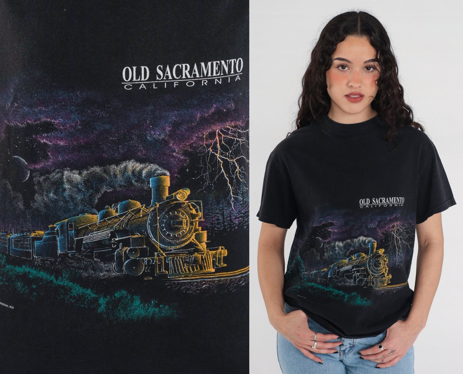 90s Train Shirt Old Sacramento Night Sky Full Moon Graphic Tee Black Medium