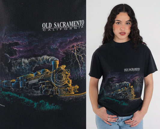 90s Train Shirt Old Sacramento Night Sky Full Moon Graphic Tee Black Medium