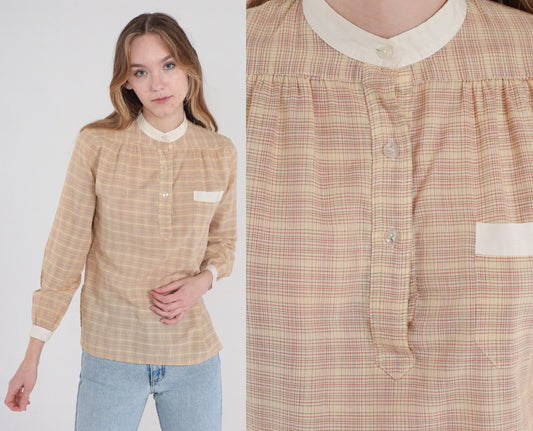 70s Plaid Half-Button Blouse Long Sleeve Checkered Shirt Tan White Small