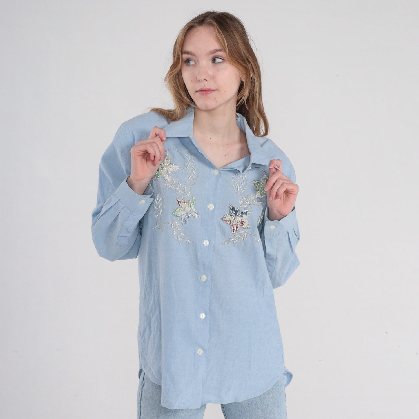 90s Bobbie Brooks Light Blue Pearl Beaded Floral Button-Up Blouse Medium