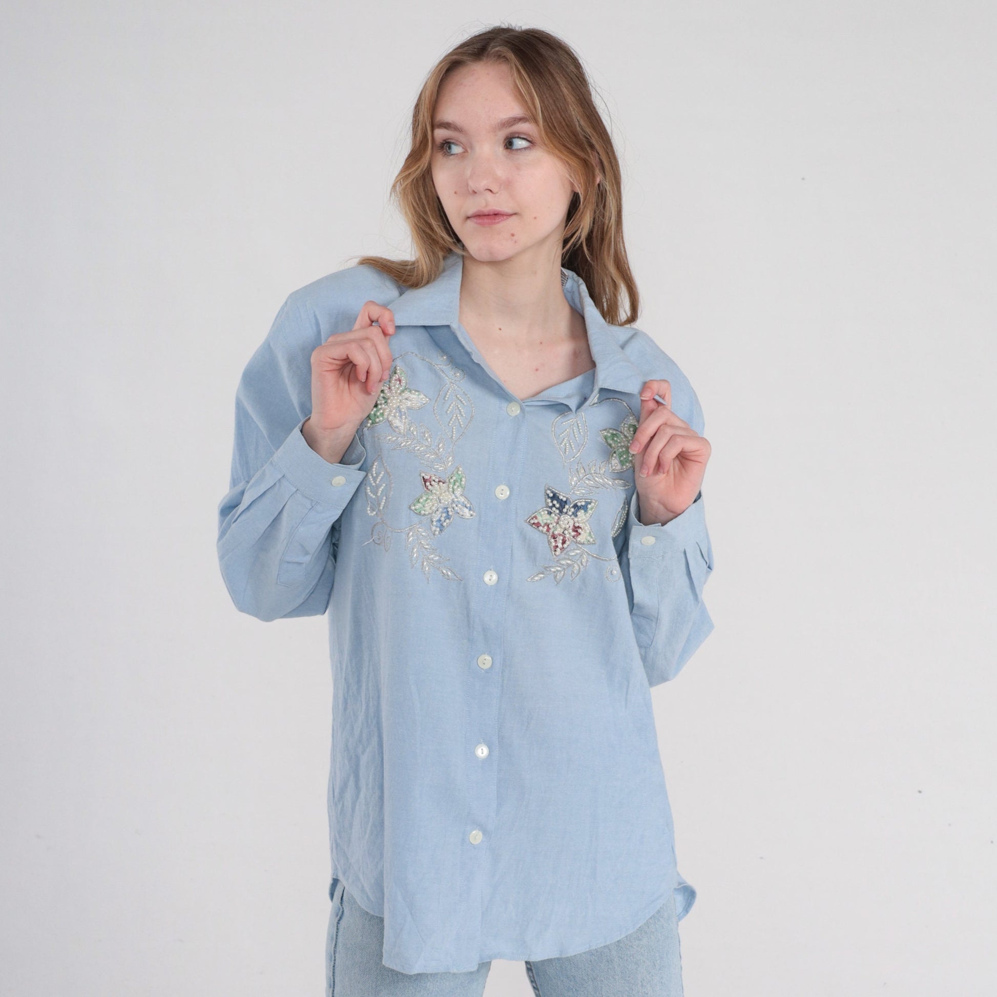 90s Bobbie Brooks Light Blue Pearl Beaded Floral Button-Up Blouse Medium