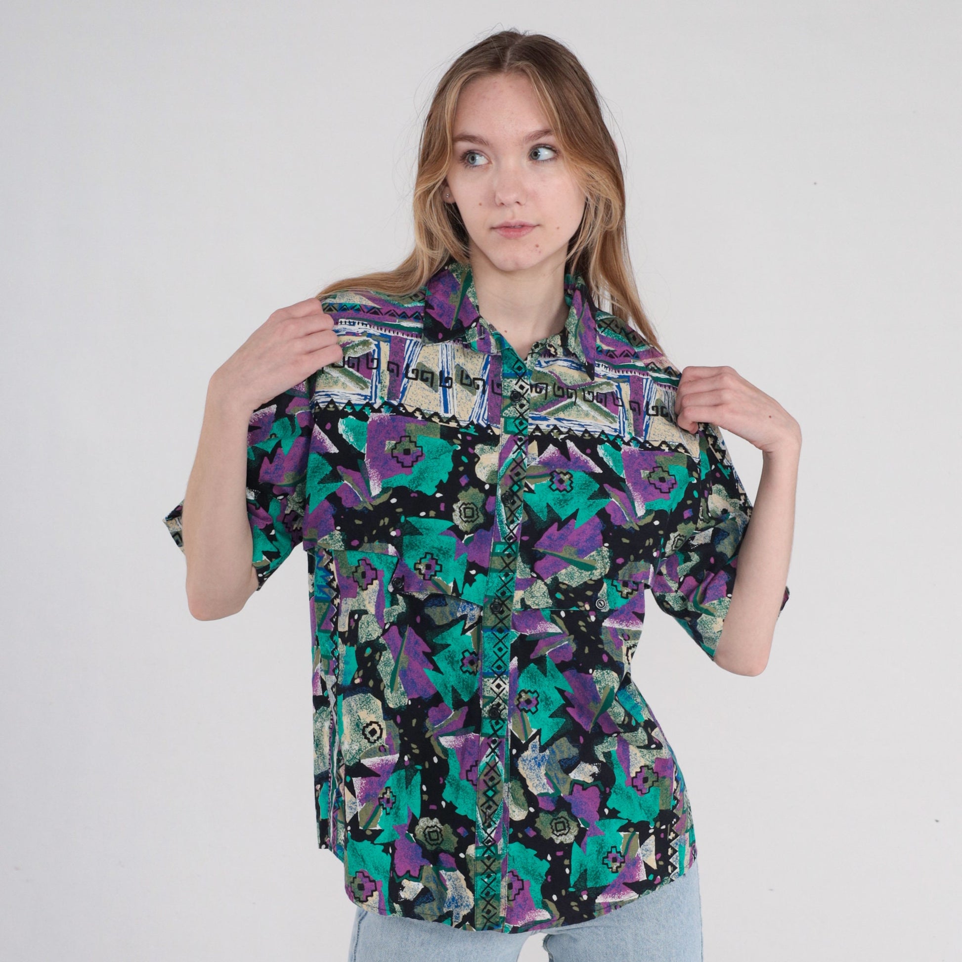 90s Southwestern Geometric Print Button-Up Blouse Black Purple Green Cotton Large