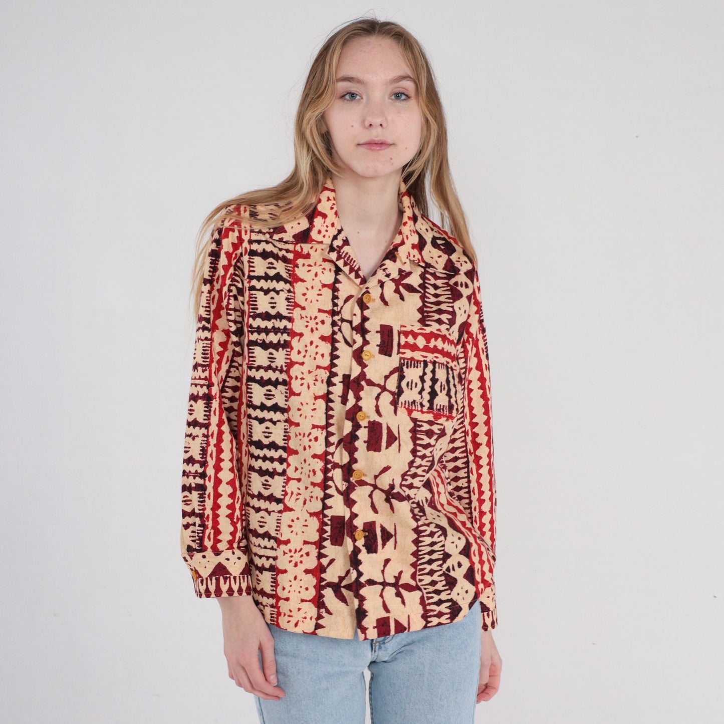 90s Batik Fish Stamp Print Button-Up Shirt Tan Red Long Sleeve Medium