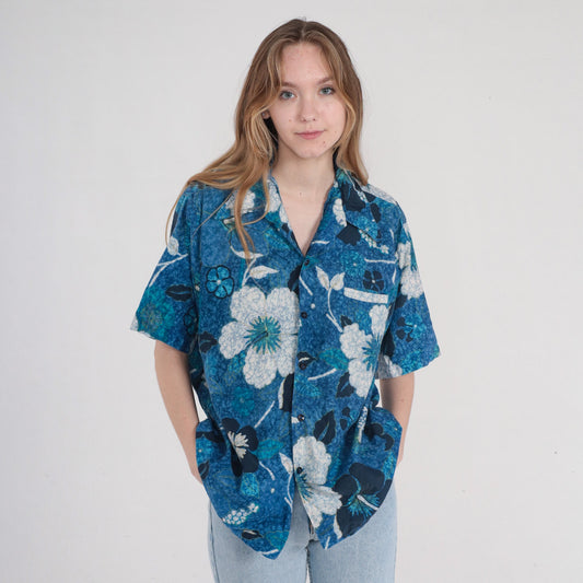 90s Blue Hawaiian Shirt Tropical Floral Leaf Print Cotton Button Up Large