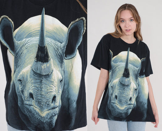 90s Rhino Animal Graphic T-Shirt Black Cotton Wildlife Print Large L