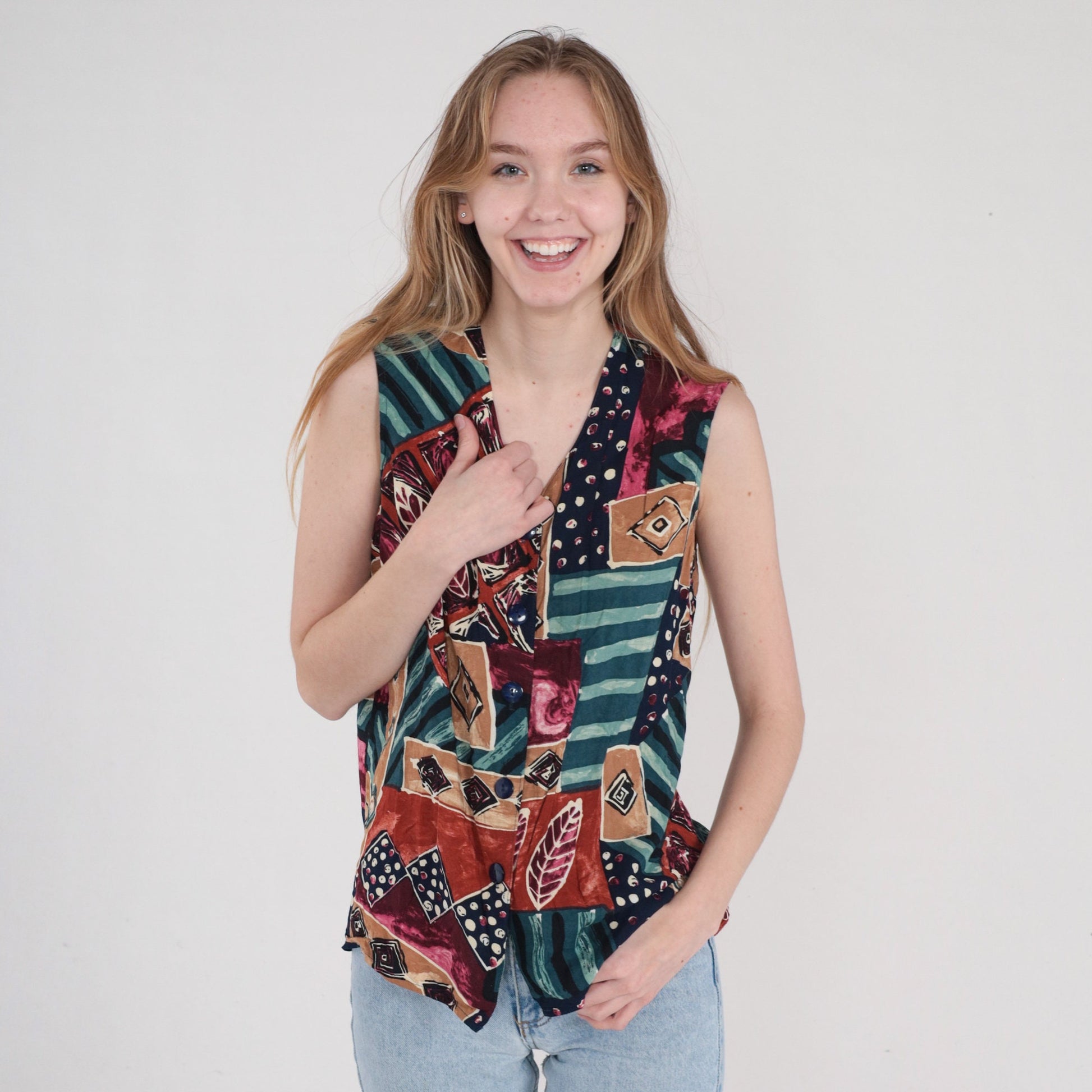 90s Abstract Print Button-Up Tank Top Sleeveless Blouse Medium