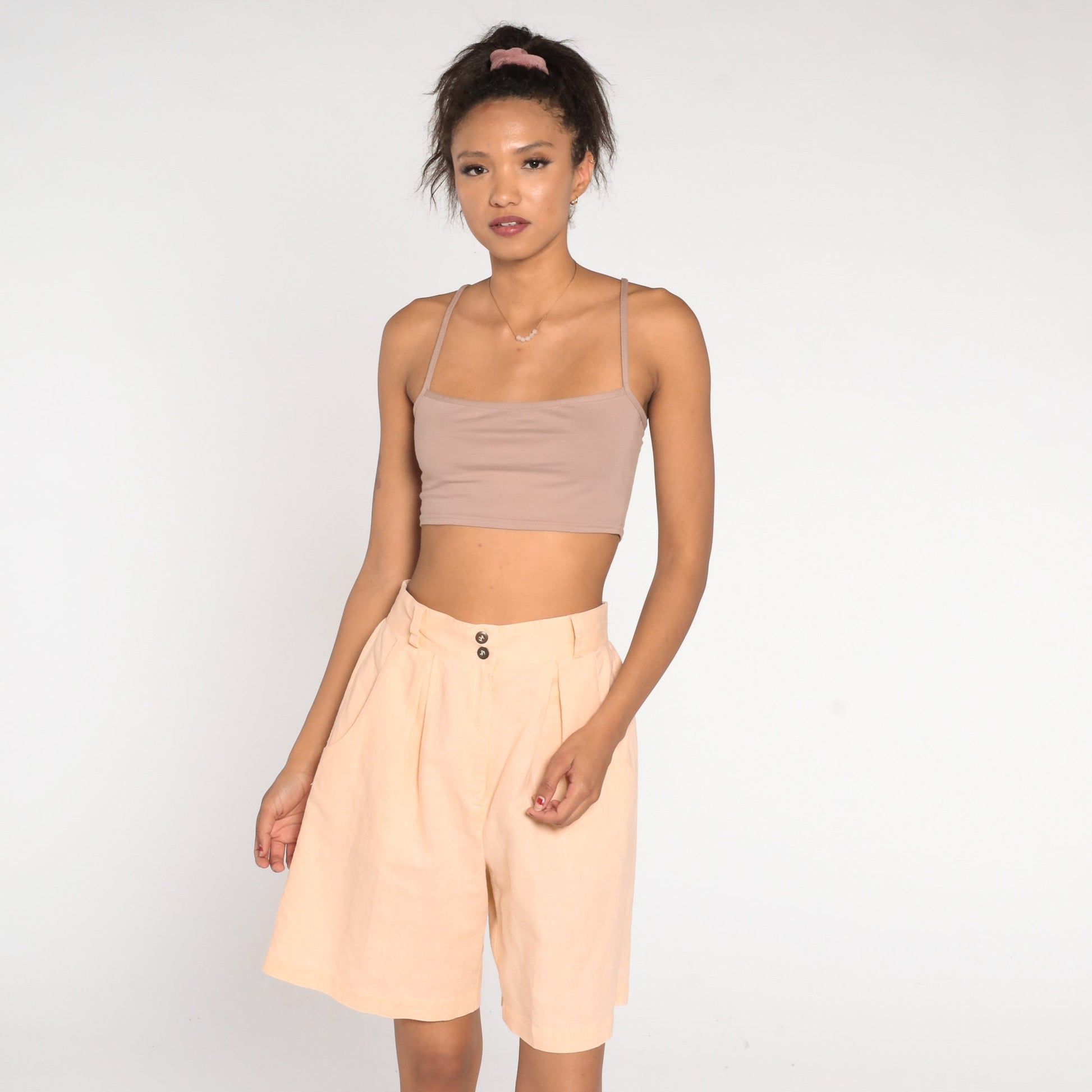 90s Light Peach Pleated High-Waist Shorts Cotton Blend Medium